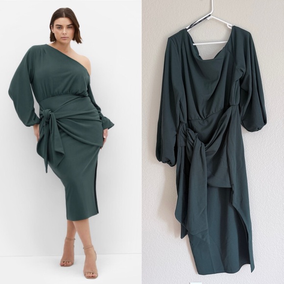 City Chic Dresses & Skirts - City Chic Plus Size Alysia Tie Front One-Shoulder Midi Dress Forest Green